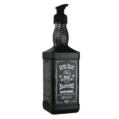 Frasco negro de after shave com dispensador e etiquetas estampadas em branco e preto.