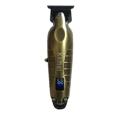 Máquina de cortar cabelo dourada com visor digital e texto Kemei
