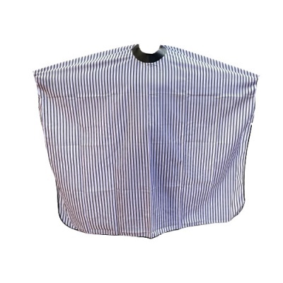 Capa para corte de cabelo com riscas brancas e azuis e gola preta