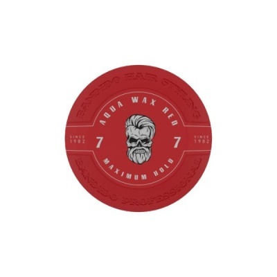 Recipiente vermelho de cera de cabelo com rótulo branco e ilustração de crânio