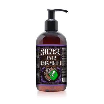 Frasco de shampoo Silver Hair Shampoo com doseador preto e rótulo roxo e preto