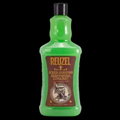 Frasco verde de shampoo esfoliante REUZEL com etiqueta castanha