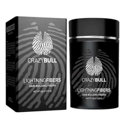 Embalagem e frasco preto do produto Crazy Bull Lightning Fibers para cabelo