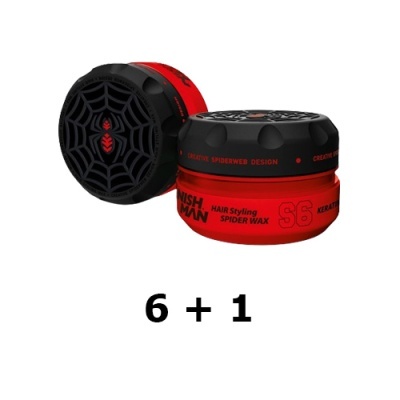 Frascos de cera para cabelo vermelhos e pretos com tampa preta e texto, sobre fundo branco com texto 6 + 1