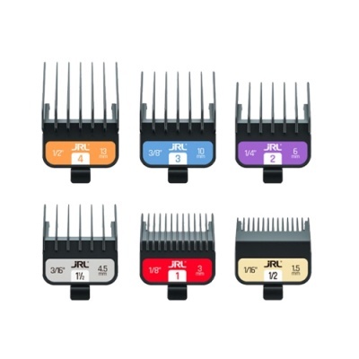 Seis pentes para máquina de cortar cabelo com etiquetas coloridas e medidas visíveis