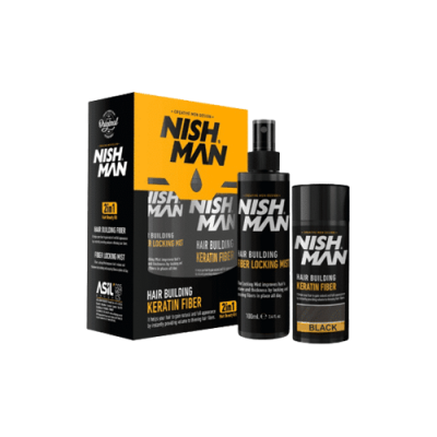 Conjunto de produto capilar Nish Man em preto e amarelo com spray e stick.
