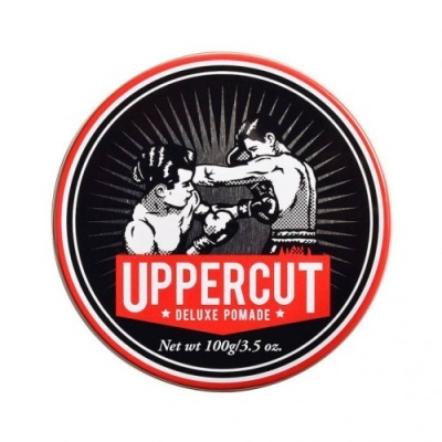 Embalagem redonda de pomada para cabelo Uppercut Deluxe Pomade com ilustração de boxeadores