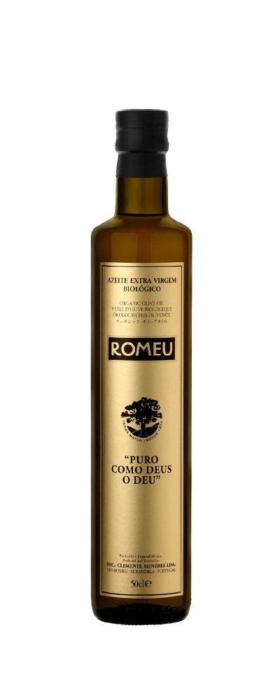 Garrafa de azeite extra virgem biológico Romeo com rótulo dourado e tapa preta