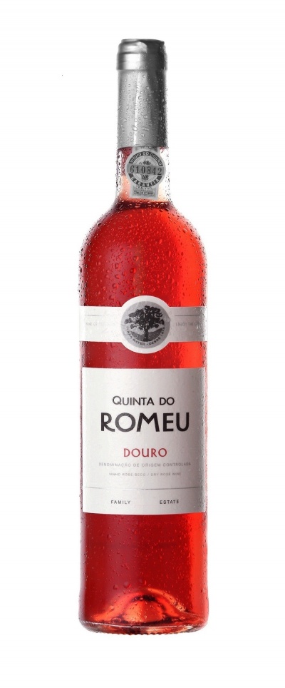Garrafa de vinho rosé Quinta do Romeu Douro com rótulo branco e prata e tampa prateada