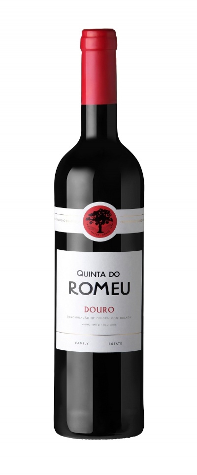 Garrafa de vinho tinto Quinta do Romeu Douro com rótulo branco e rolha vermelha