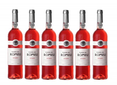 Seis garrafas de vinho rosé Quinta do Romeu Douro com rótulo branco e tampa prateada