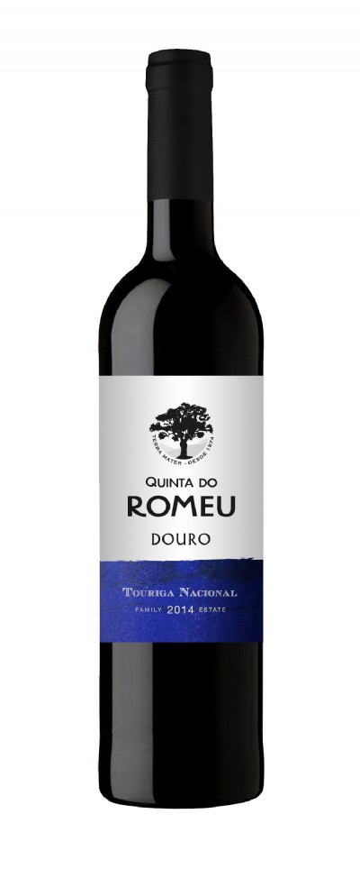 Garrafa de vinho tinto Quinta do Romeu Douro com rótulo branco e azul