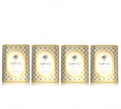 Quatro latas de azeite ROMEU com embalagem bege e padrão geométrico