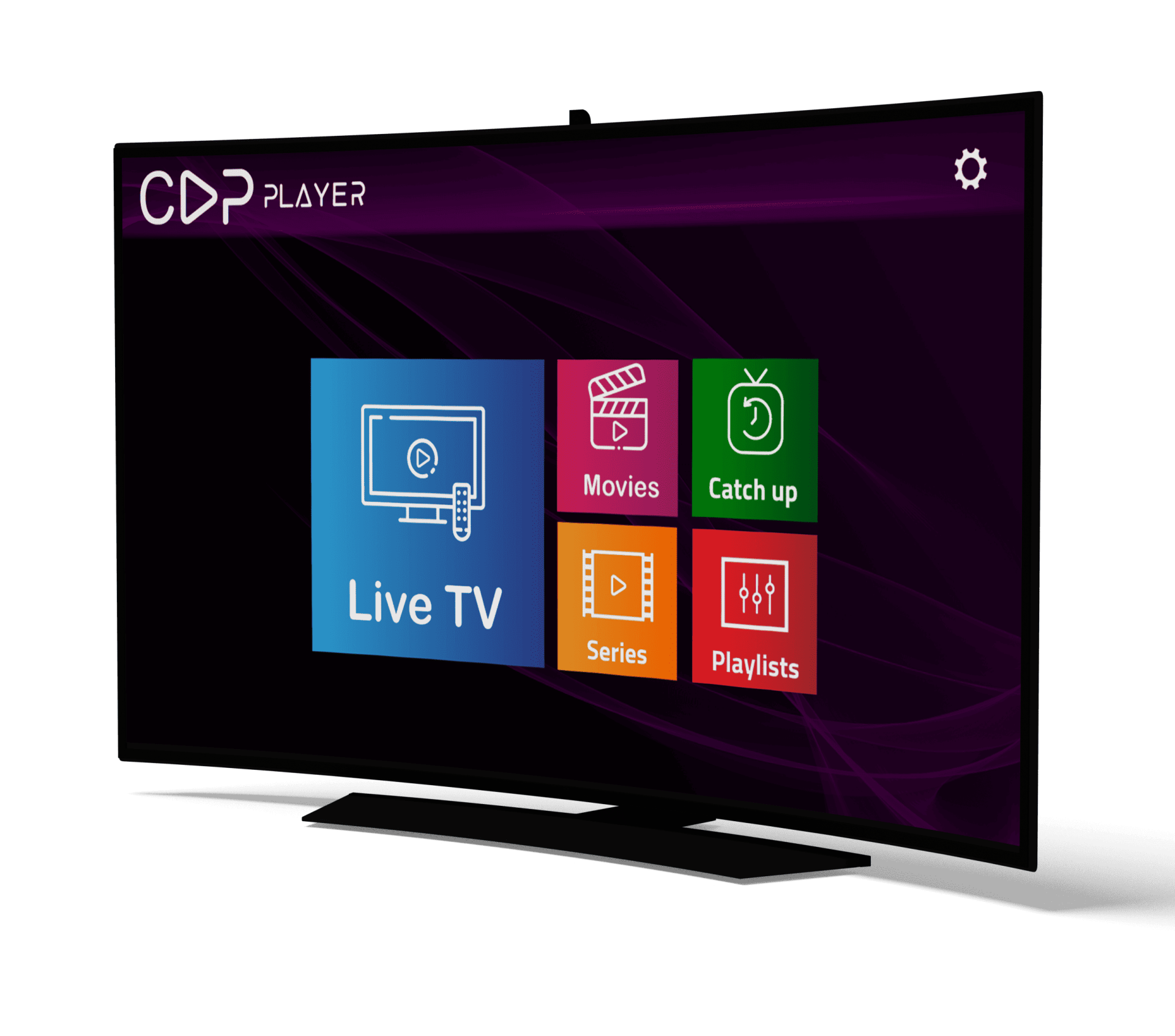 Televisão a mostrar interface de vídeo com opções Live TV, Movies, Catch up, Series, Playlists