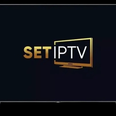 Logótipo SET IPTV em ecrã preto com ícone de televisão em amarelo