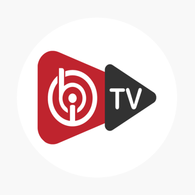 Logótipo com formas triangulares vermelha e preta com texto 'bi' e 'TV'