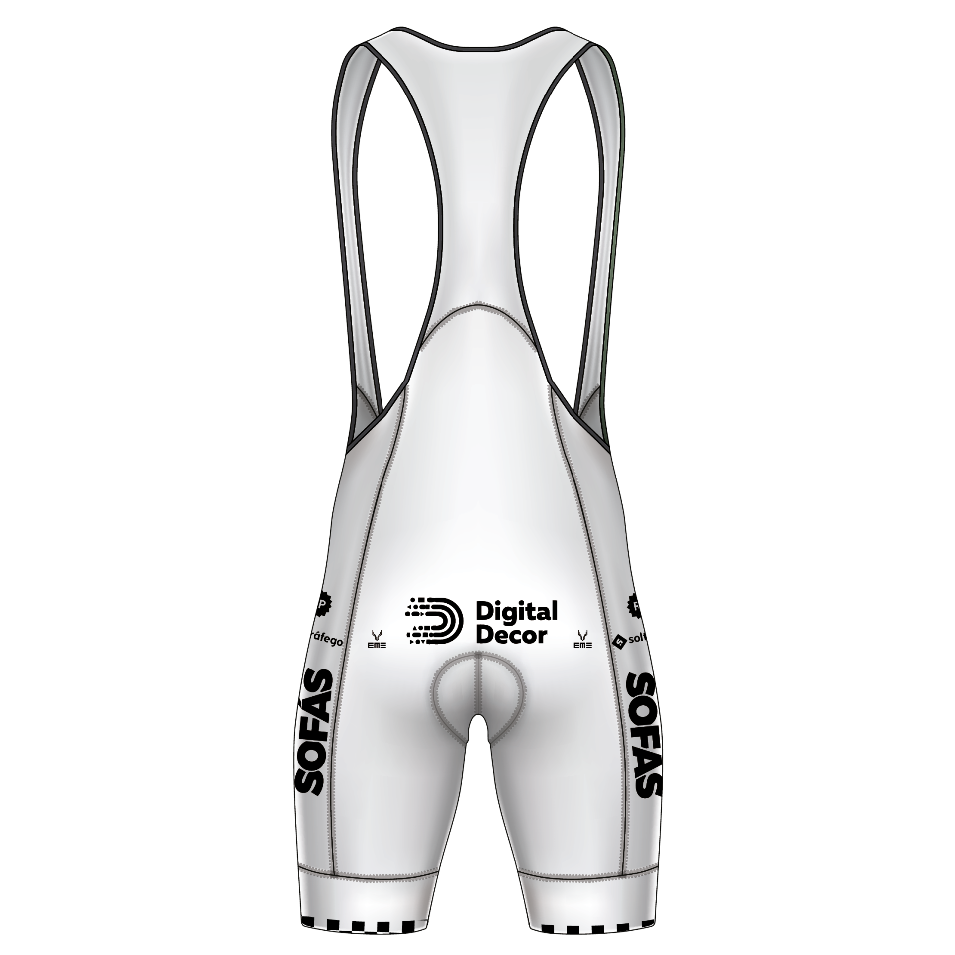 Calções Feira dos Sofás - Boavista Cycling Team Volta Portugal 2026 Calções de ciclismo brancos com logos e texto preto e alças finas pretas