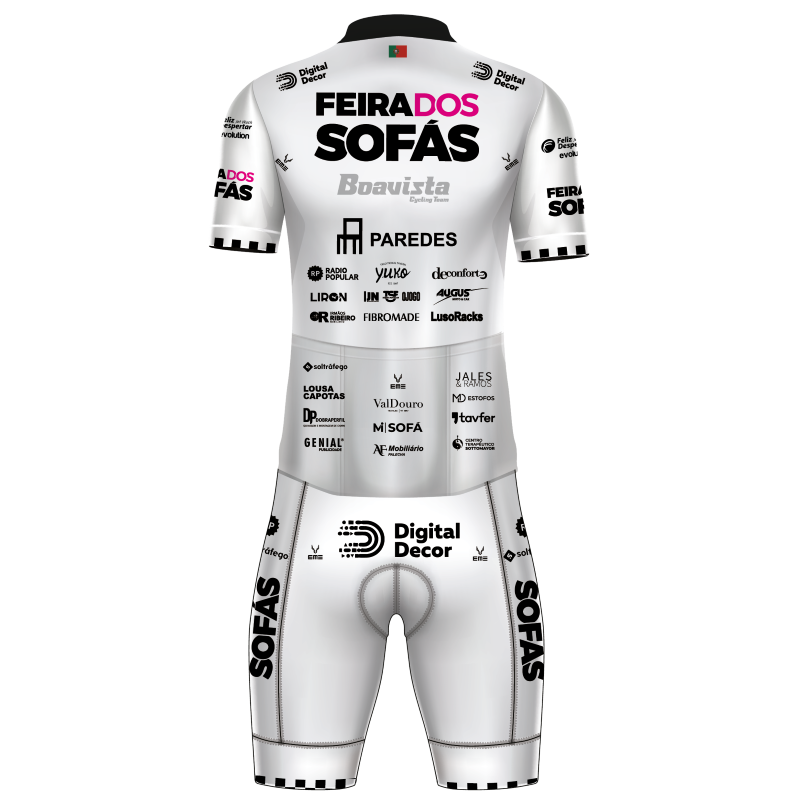 Conjunto Ciclismo Feira dos Sofás - Boavista Cycling Volta Portugal 2026 Fato de ciclismo branco com logótipos de patrocinadores impressos em preto e rosa
