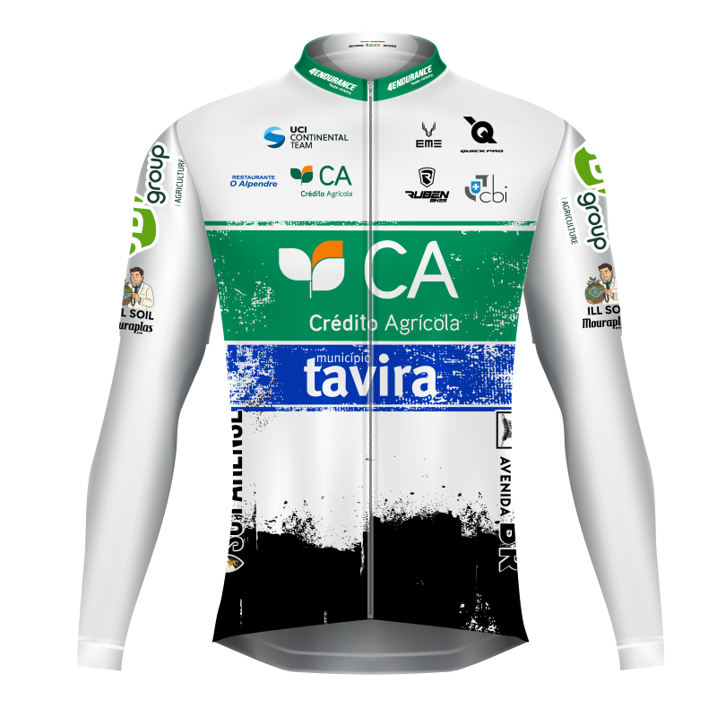 Casaco Ciclismo Prova Água Gabba Team Tavira de 2026 Camisola de ciclismo de manga comprida branca com faixas verdes e azuis e vários logótipos