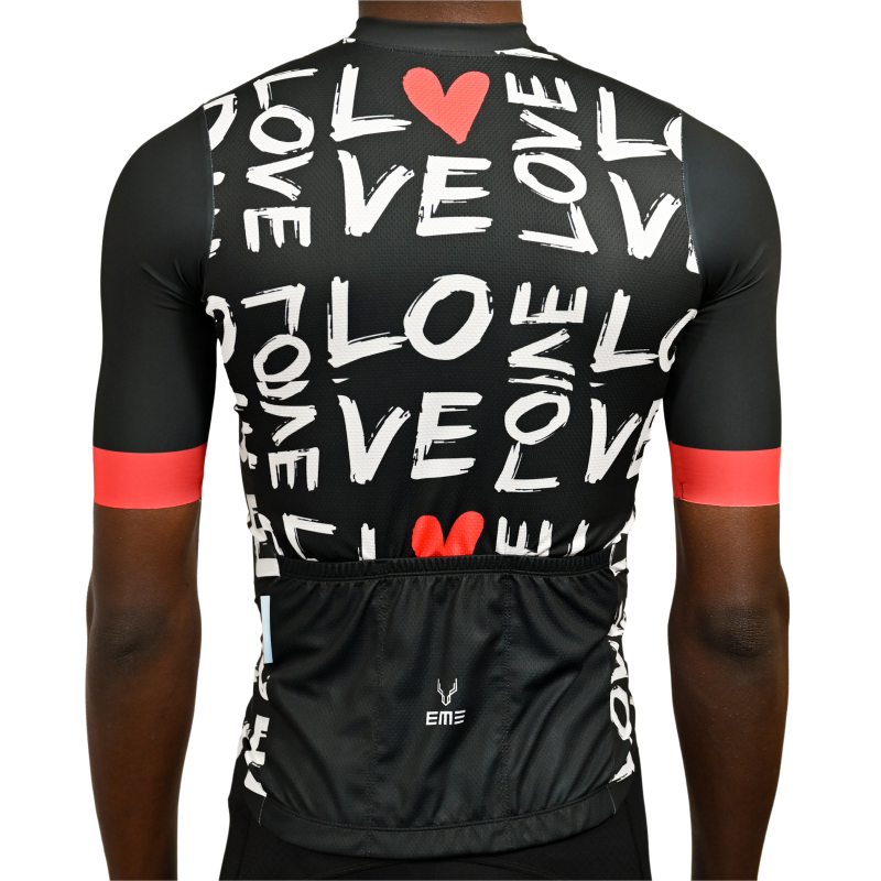 Jersey Love Dias dos Namorados camisola de ciclismo preta com estampado LOVE e corações vermelhos