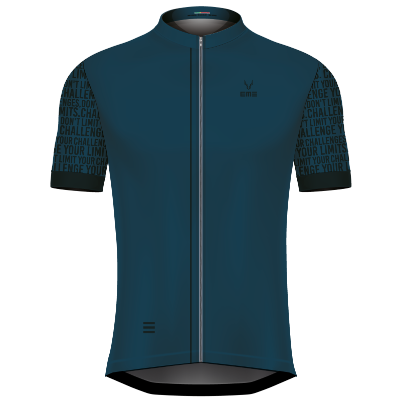 Jersey Ciclismo Challenge your Limits Azul Camisola de ciclismo azul com fecho frontal e mangas com texto preto