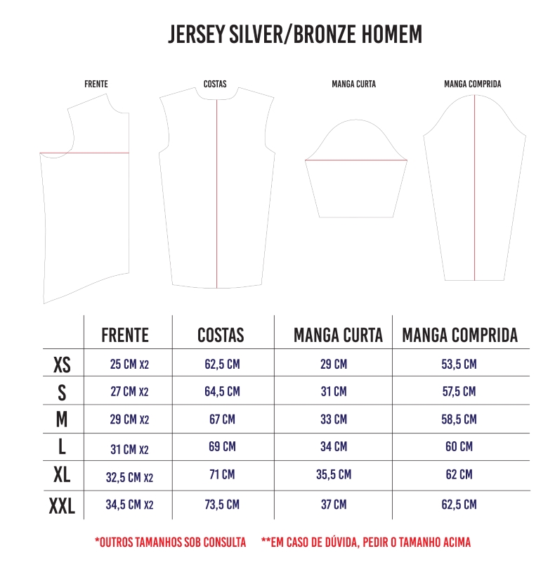 Jersey Love Dias dos Namorados Desenho técnico de jersey prata/bronze para homem com tabela de tamanhos e medidas