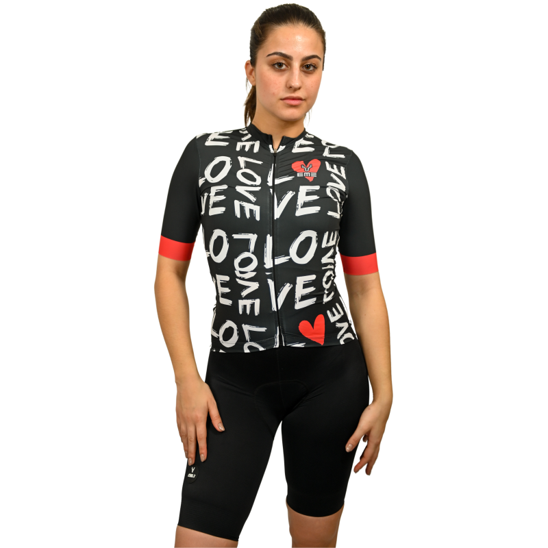 Jersey Love Dias dos Namorados Conjunto de roupa de ciclismo feminino com jersey preta estampada com texto e corações e calções pretos
