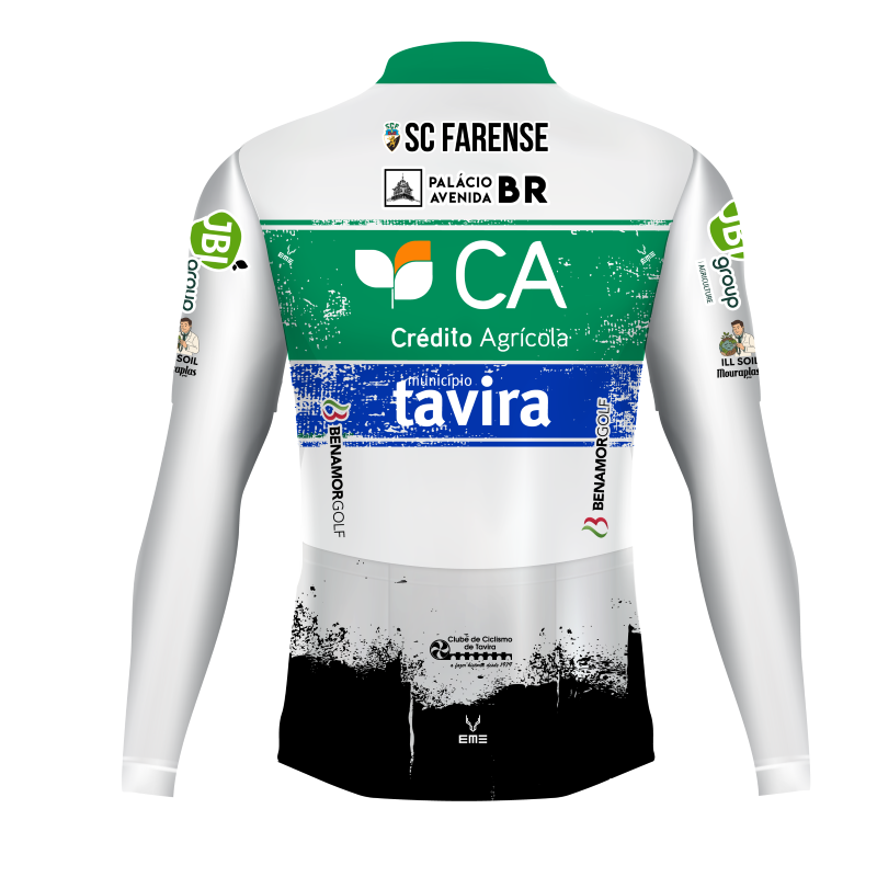 Casaco Ciclismo Prova Água Gabba Team Tavira de 2026 Camisola desportiva de manga comprida branca com vários logos e textos de patrocinadores