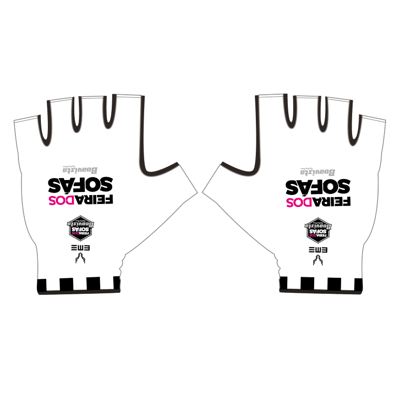 Luvas Ciclismo Feira dos Sofás - Boavista Cycling Team Volta Portugal 2026 Par de luvas sem dedos brancas com texto preto e rosa e logótipos