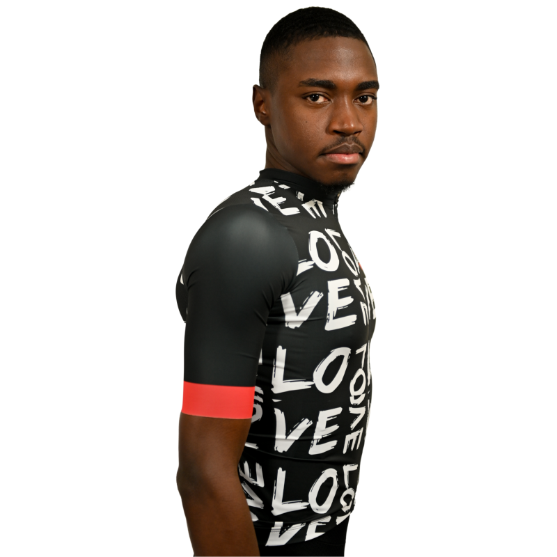 Jersey Love Dias dos Namorados Camisa de ciclismo preta com padrão de letras