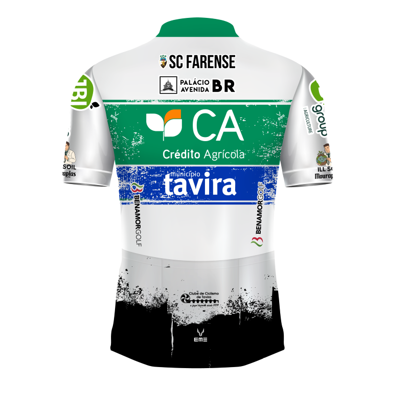 Jersey Ciclismo Team Tavira 2026 Camisola ciclismo branca com colarinho verde e logos diversos no dorso