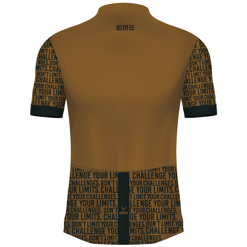Jersey Ciclismo Challenge your Limits Dourado Camisola desportiva castanha com texto repetido preto nas mangas e parte inferior e logótipo EME