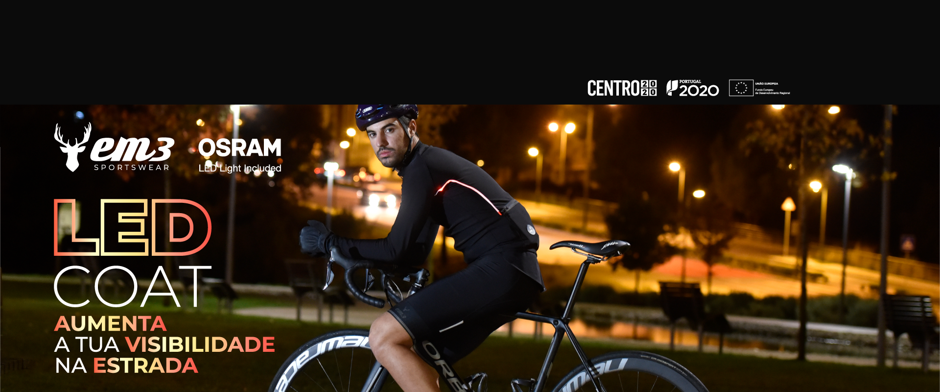 Casaco Ciclismo Led by OSRAM Ciclista a usar colete LED preto com luzes para maior visibilidade à noite