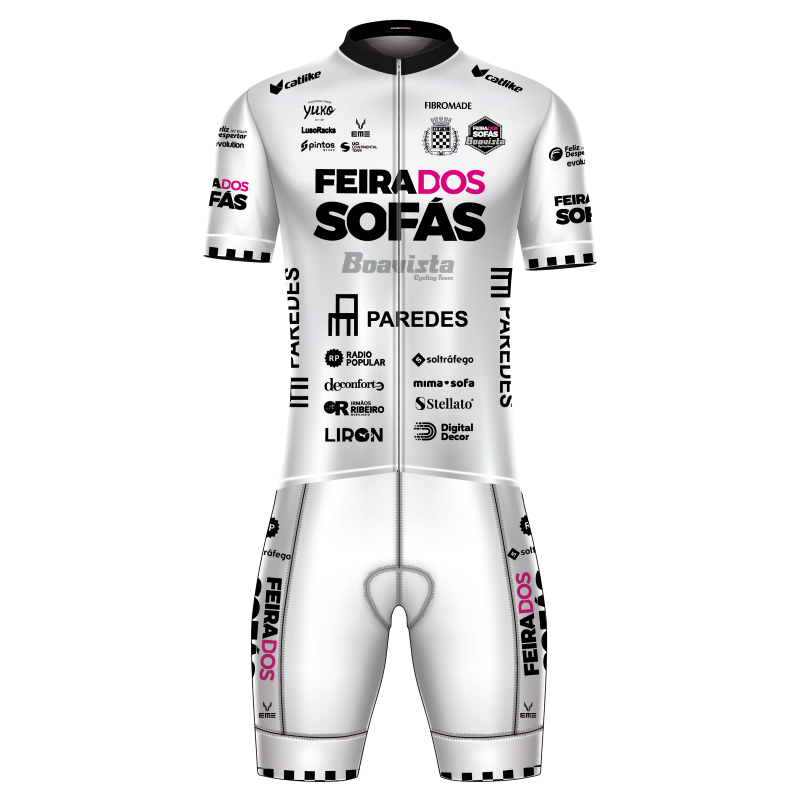 Conjunto Ciclismo Feira dos Sofás - Boavista Cycling Volta Portugal 2026 Fato de ciclismo branco com logótipos coloridos e padrão xadrez nas extremidades