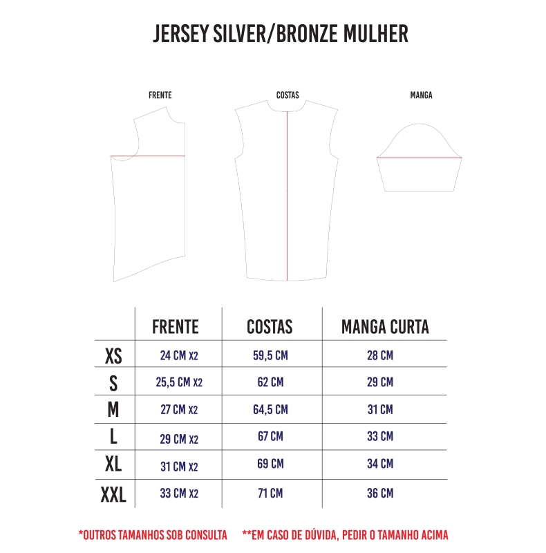 Jersey Love Dias dos Namorados Tabela e desenhos técnicos para jersey feminino Silver/Bronze com medidas em cm