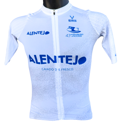 Camisola ciclismo branca com texto e logótipos azuis
