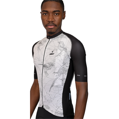 Camisola de ciclismo branca e preta com padrão de linhas abstratas e fecho frontal