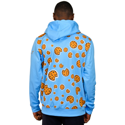 Camisola azul claro com padrão de bolachas de chocolate vista de costas