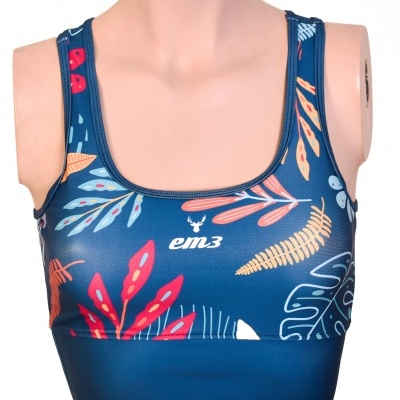 Top desportivo azul escuro com estampado floral e logótipo em3 branco