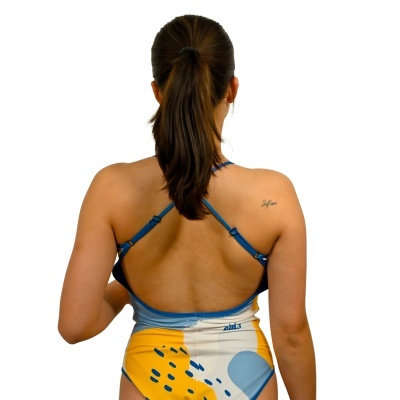 Fato de banho multicolor com costas abertas e alças azuis ajustáveis