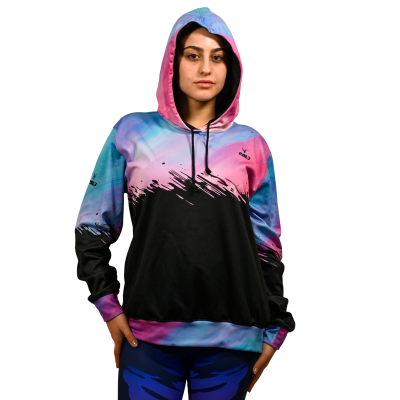 Sweatshirt colorida com capuz e padrão splash rosa, azul e preto para mulher