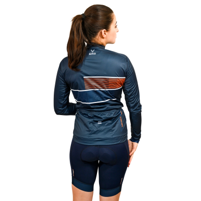 Casaco e calções de ciclismo femininos azul escuro com padrões geométricos