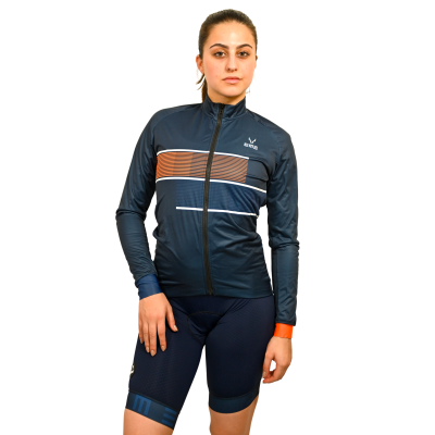 Conjunto desportivo feminino azul com dalcas justos e casaco com fecho e padrões geométricos