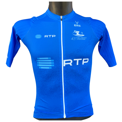 Camisola de ciclismo azul com logos RTP e EME