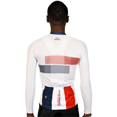 Camisola ciclismo branca, azul e vermelha vista de costas, com texto e logótipo