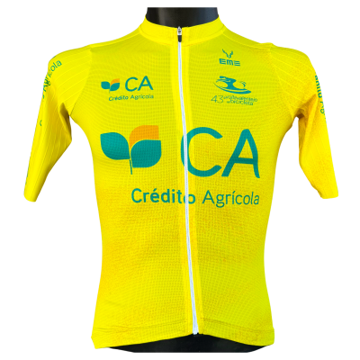 Camisola ciclismo amarela com logótipos Crédit Agrícola e 43ª volta ao Alentejo