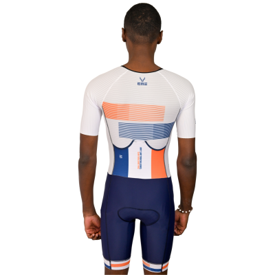 Macacão de ciclismo manga curta branco com padrões laranja e azul