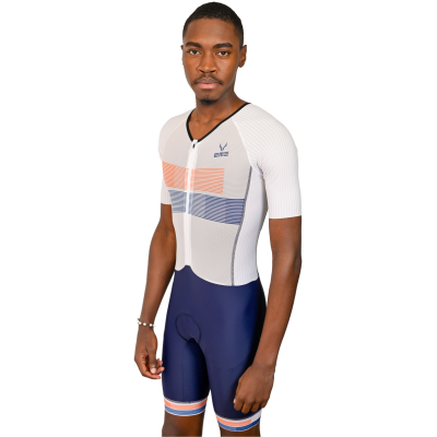 Fato de triatlo branco, azul e laranja com fecho frontal e logótipo CNC