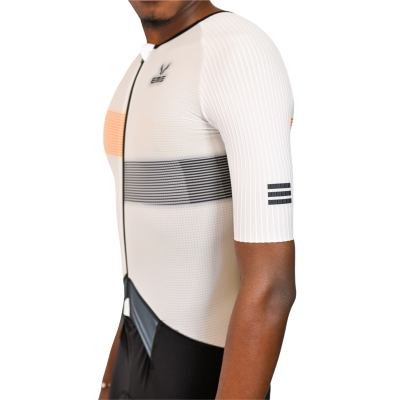 Macacão ciclismo unissexo com riscas horizontais coloridas e mangas curtas