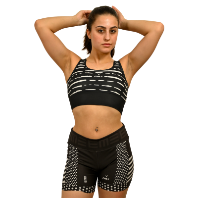 Conjunto desportivo feminino preto com padrões brancos e logótipos em3 e EME